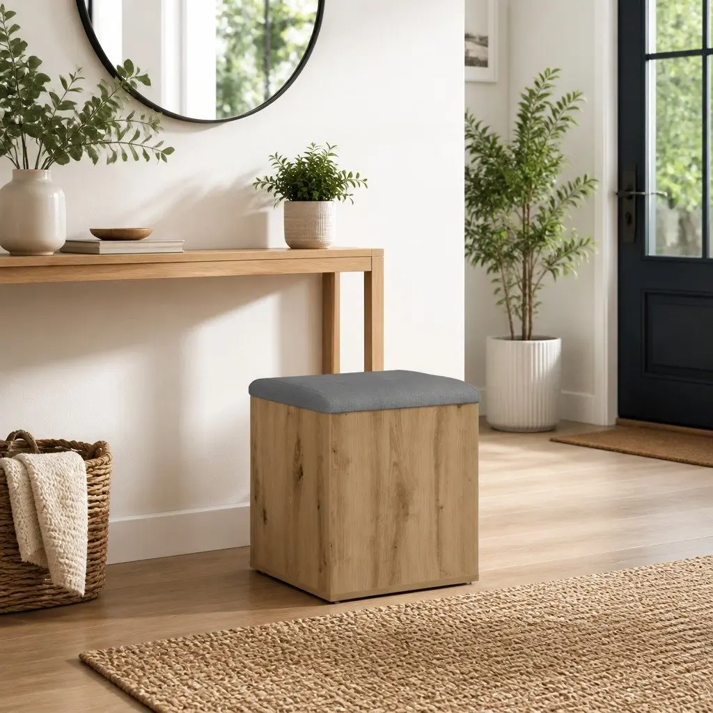 Brown Engineered Wood Storage Bench with Padded Seat