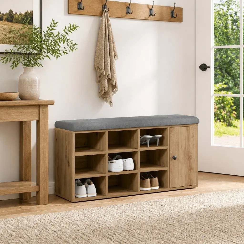 Brown Engineered Wood Storage Bench with Padded Seat