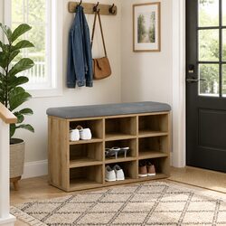 Brown Padded Shoe Bench for Hallway Storage