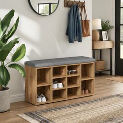 Brown Padded Shoe Bench with Engineered Wood Storage