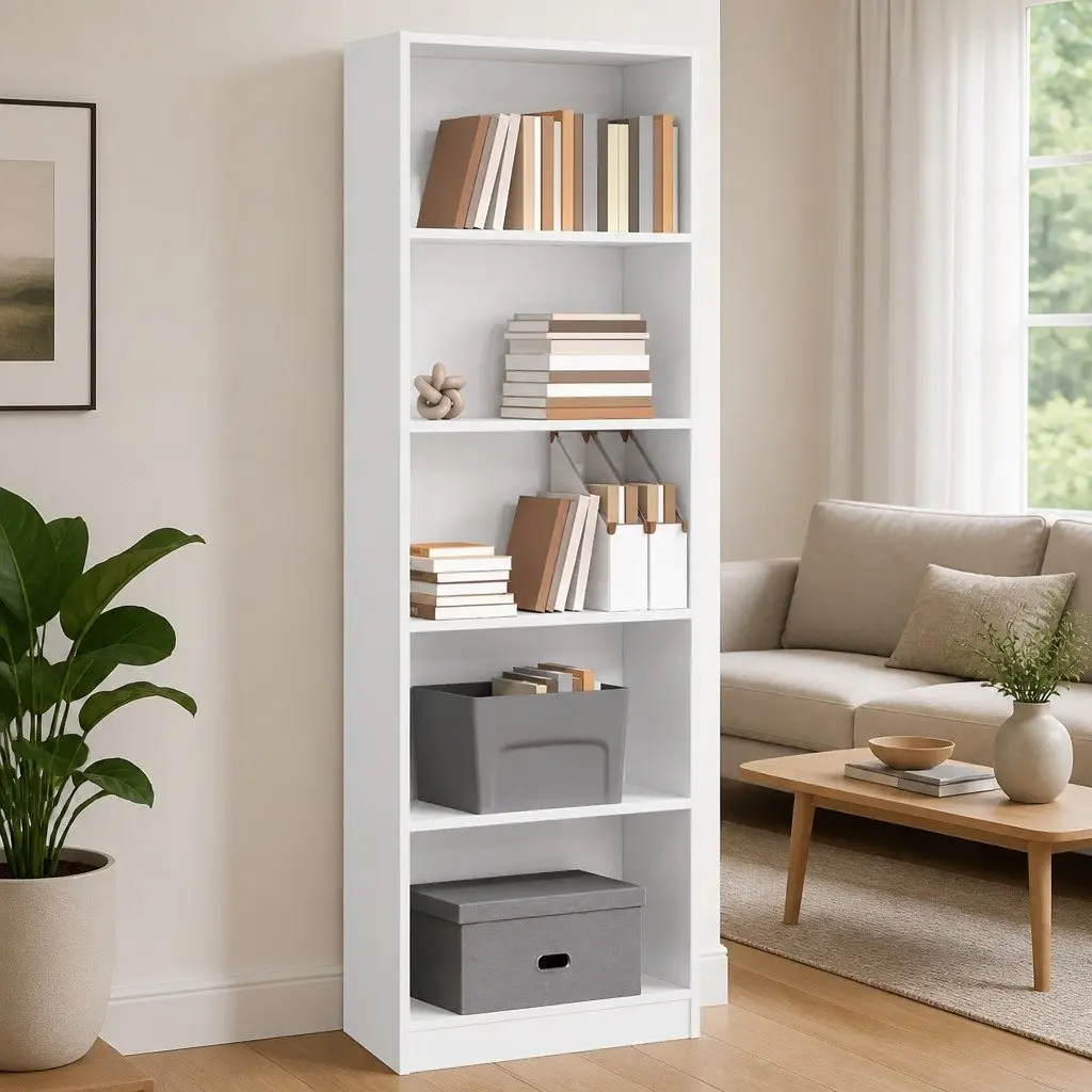 Bookcase Engineered Wood 60x24x176 cm White Open Shelving Storage Cabinet Home Office Organiser