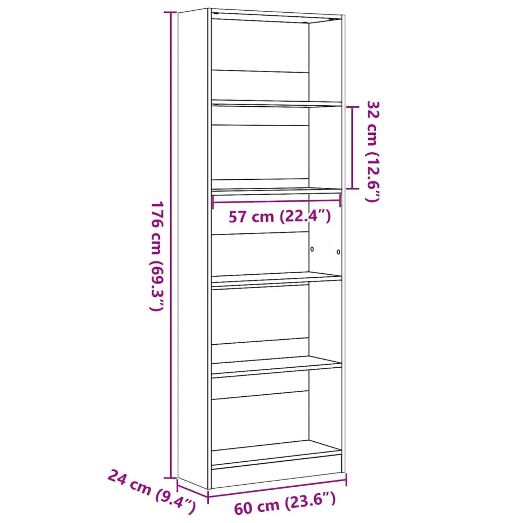 Bookcase Engineered Wood 60x24x176 cm White Open Shelving Storage Cabinet Home Office Organiser