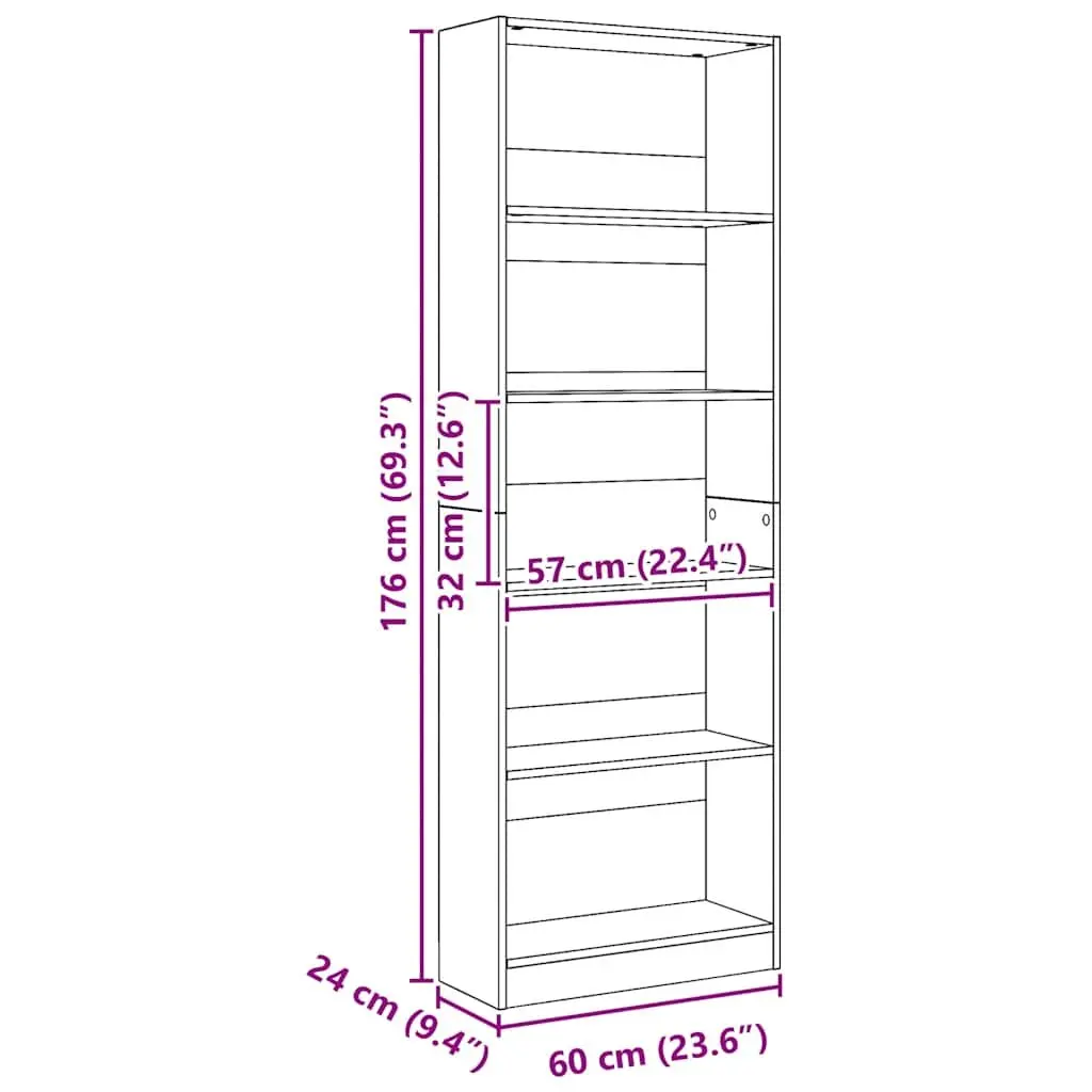 Bookcase Engineered Wood 60W x 24D x 176H cm Brown Storage Shelving Unit Home Office Organizer