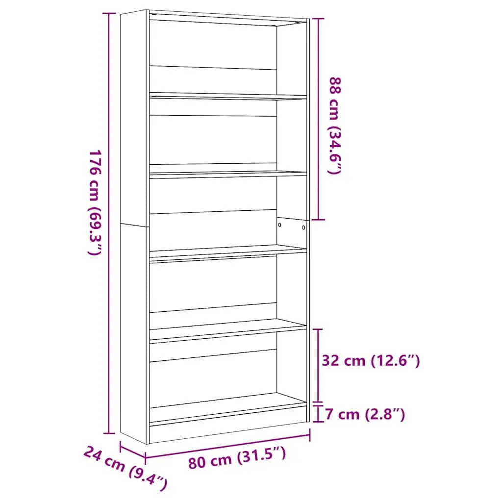 Bookcase Engineered Wood 80x24x176 cm White Open Compartments Storage Shelving Unit Home Office