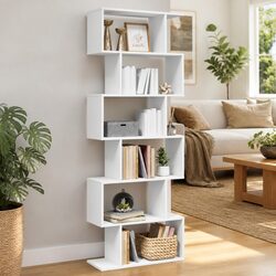 Sturdy 6-Tier White Bookcase Room Divider 70x24x193 cm
