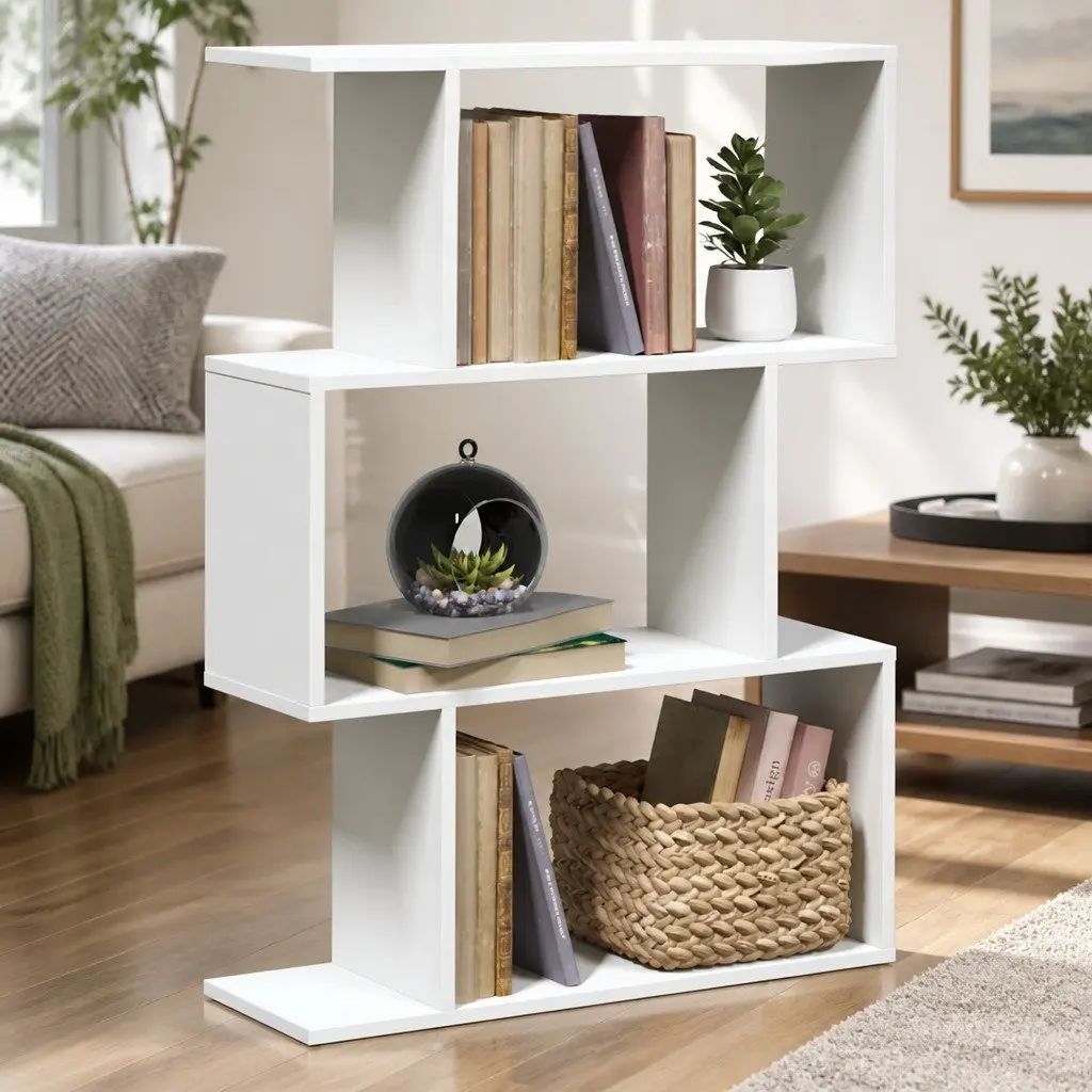 3-Tier White Engineered Wood Bookcase Room Divider