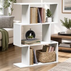 Room Divider Bookcase 3-Tier White Engineered Wood Storage Shelving Unit