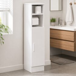 Sturdy White Bathroom Cabinet with Roll Holder and Organizer