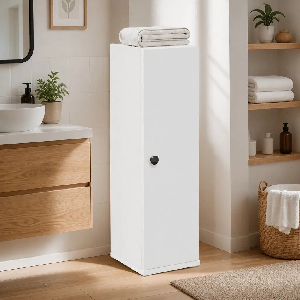 White Bathroom Cabinet with Roll Holder