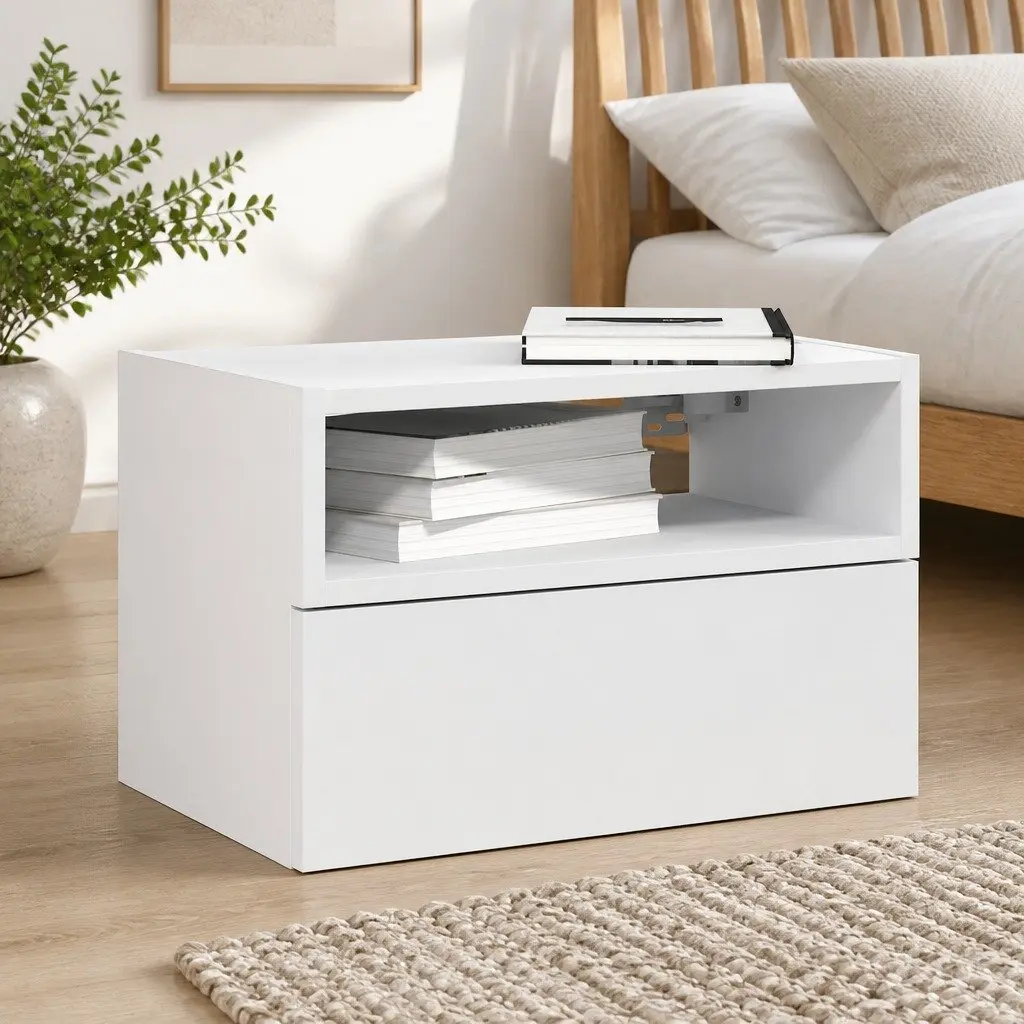Bedside Cabinet Engineered Wood Wall-mounted White Storage Drawer Nightstand
