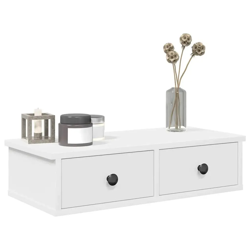 White Floating Wall Shelf with Drawers, Engineered Wood