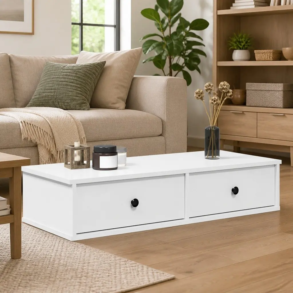 Wall Shelf with Drawers in White 100x37.5x19 cm