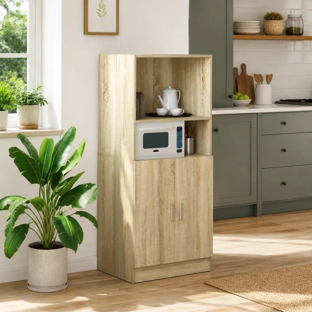 Brown Kitchen Cabinet Storage Organizer Engineered Wood 57x41.5x131.5cm with Open Shelves and Bottom Cupboard