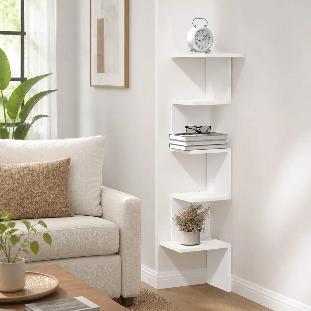 32x32x127.5 cm White Wall Corner Shelf for Storage
