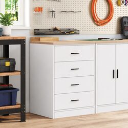Durable White Garage Storage Cabinet with 4 Drawers