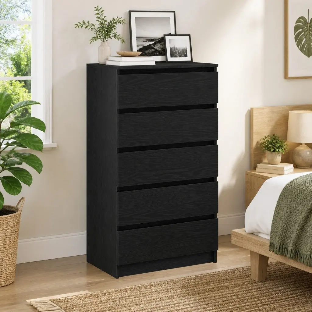 Black Oak Drawer Cabinet with 5 Spacious Drawers