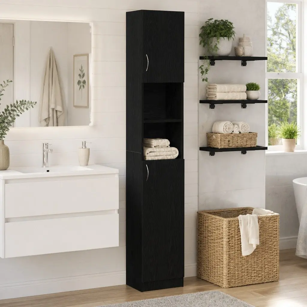 Black Engineered Wood Bathroom Cabinet 32x25.5x190 cm