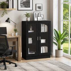 Stylish Black Oak Book Cabinet with Glass Doors