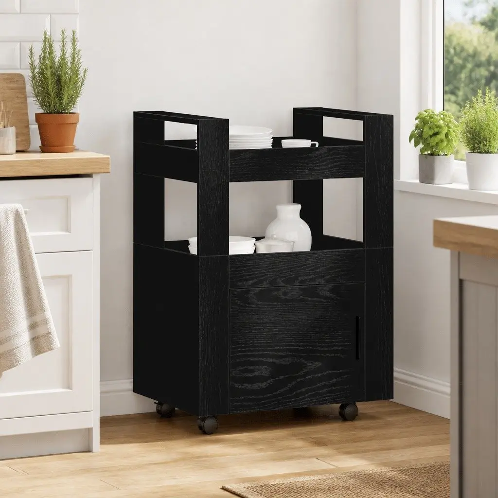 Black Engineered Wood Kitchen Trolley 60 x 45 x 80 cm