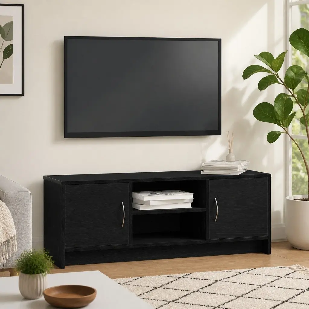 Black Oak TV Cabinet 102x30x37.5cm with Metal Handles