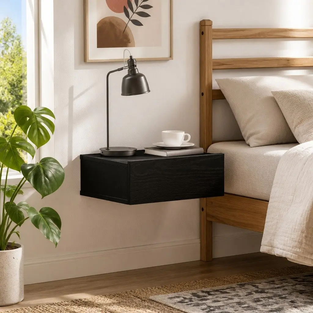 Wall-Mounted Nightstand in Brown Engineered Wood