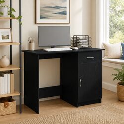 Sturdy Black Engineered Wood Desk with Drawer for Home Office