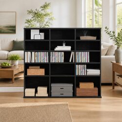 Sturdy Black Oak CD Cabinet 100x23x89.5cm Media Organiser