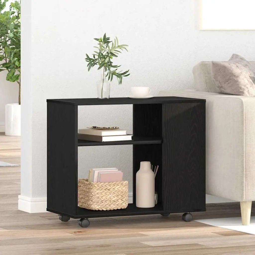 Black Oak Side Table with 2-Tier Storage and Wheels