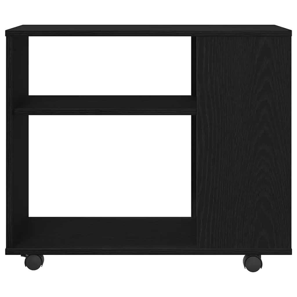 Black Oak Side Table with 2-Tier Storage and Wheels