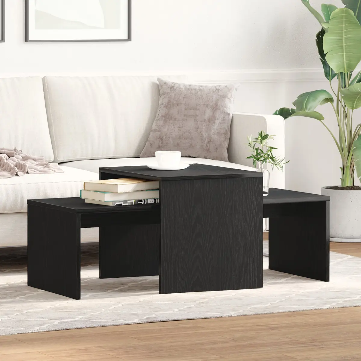 Black Oak Modern Nesting Tables Set for Living Room