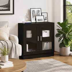 Modern Black Oak Book Cabinet with Glass Doors