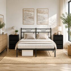 Rustic Black Oak Bedside Cabinets with Drawer - 2 pcs