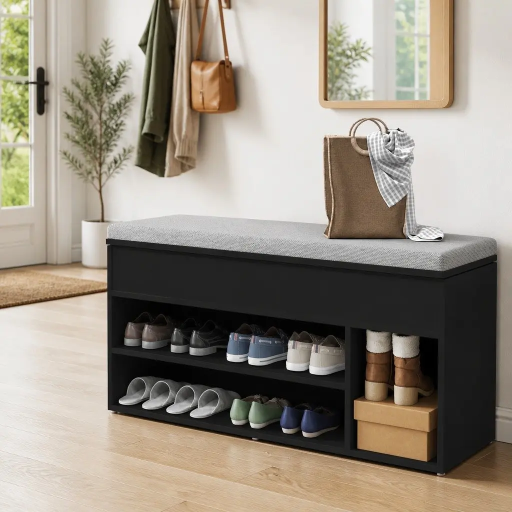 Black Storage Bench for Shoe Organisation and Seating