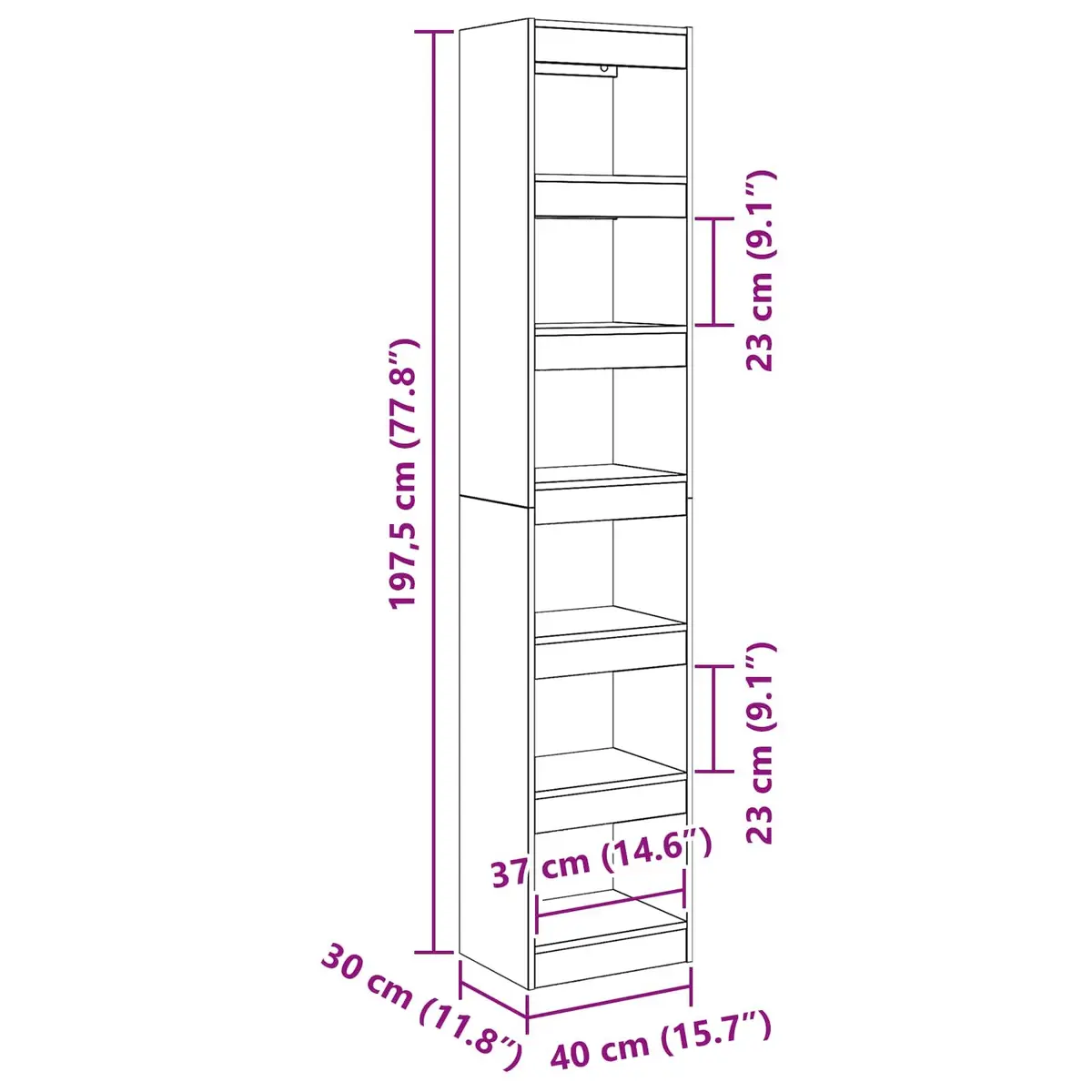 Book Cabinet Engineered Wood 40 x 30 x 198 cm Black Oak Freestanding Shelving Unit
