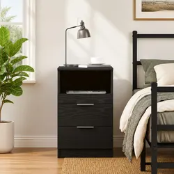 Sturdy Black Oak Bedside Cabinet with Drawer and Shelf