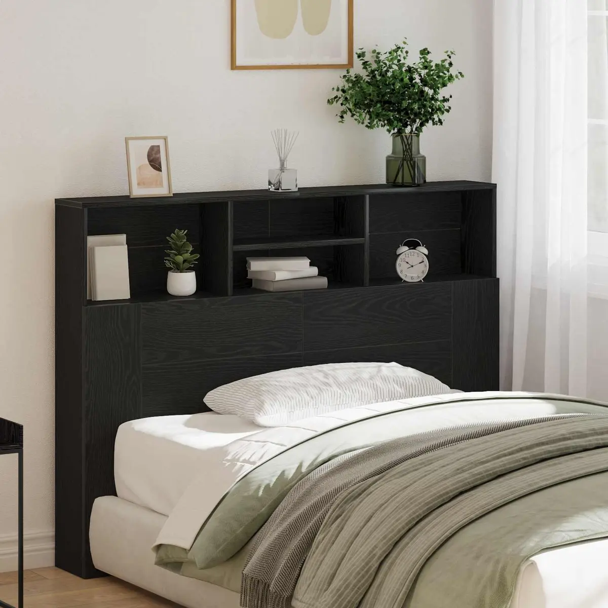 Black Oak Wall-Mounted Headboard Cabinet