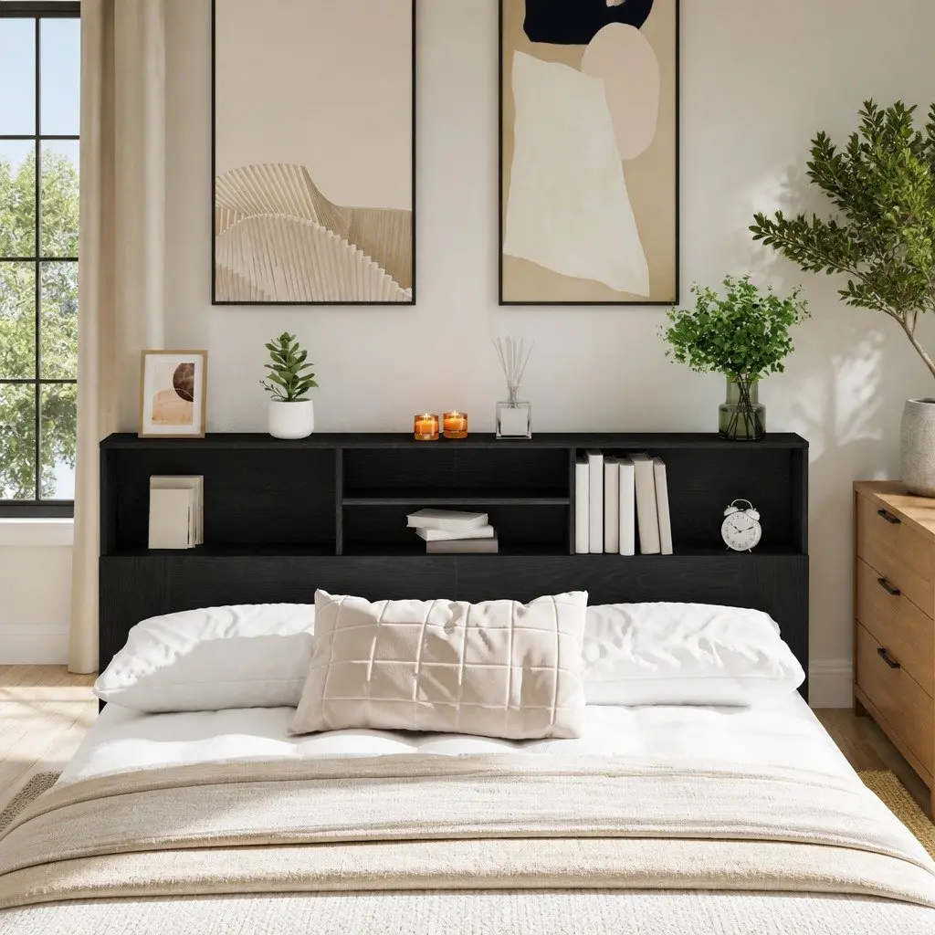 Black Oak Wall-Mounted Headboard Cabinet