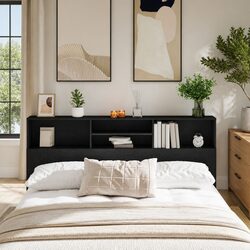 Modern Black Oak Wall-Mounted Headboard Cabinet