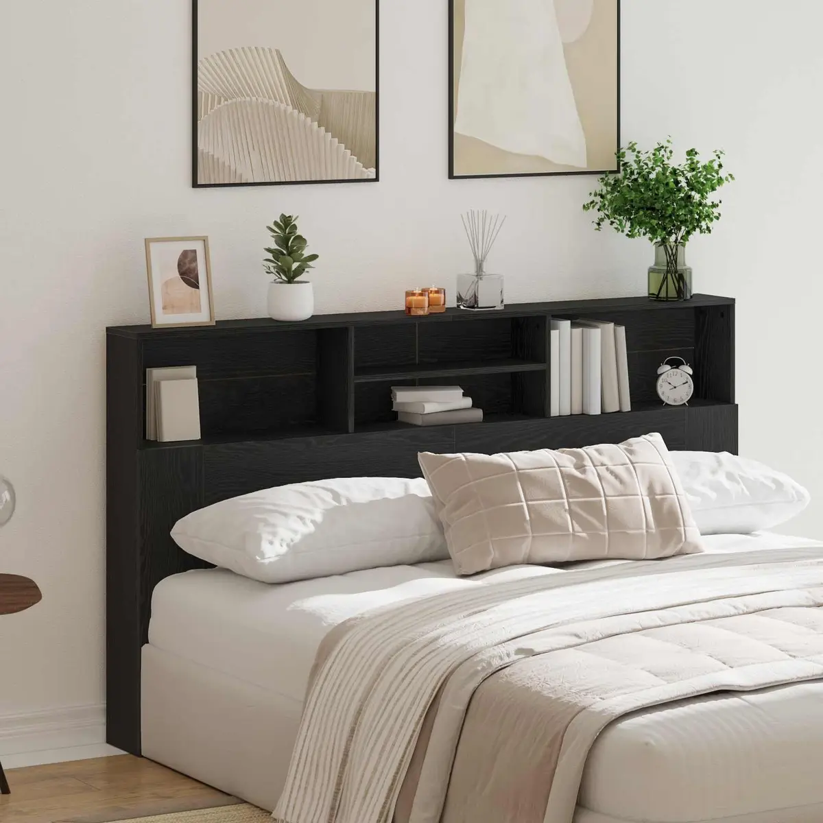Black Oak Wall-Mounted Headboard Cabinet