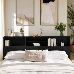 Modern Black Oak Wall-Mounted Headboard Cabinet with Shelves