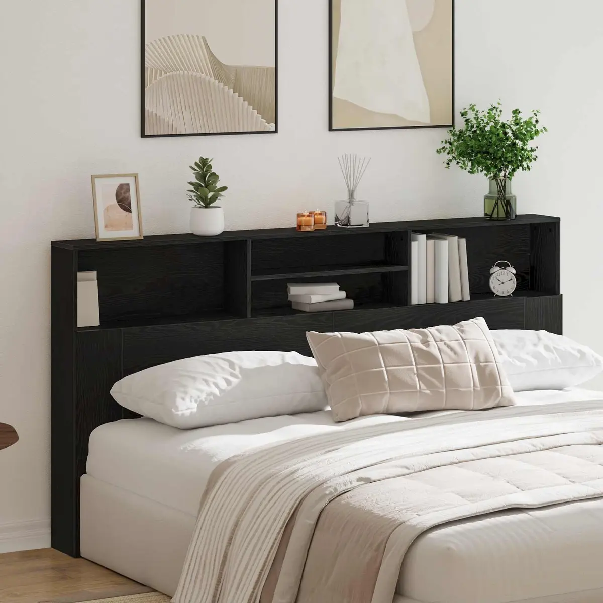 Black Oak Wall-Mounted Headboard Cabinet with Shelves