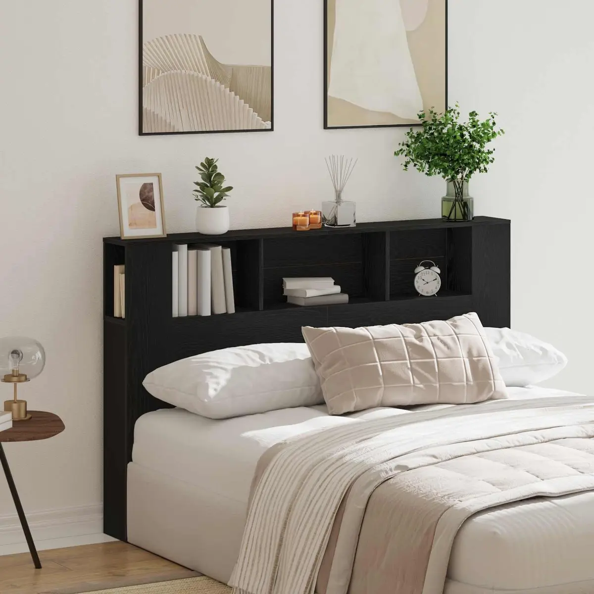 Wall-Mounted Black Headboard Cabinet with Integrated Shelf