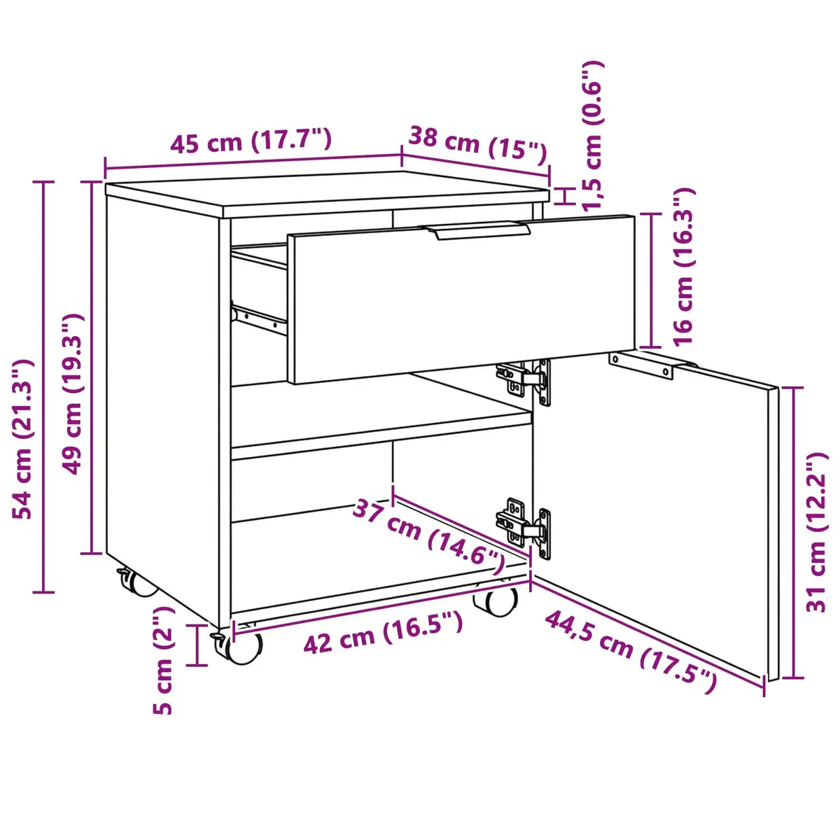 Black Oak Rolling File Cabinet 45x38x54cm for Office