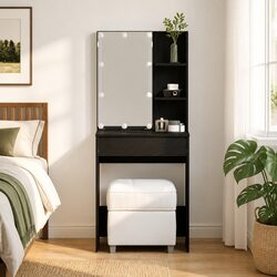 Black Dressing Table with LED Lights and Mirror