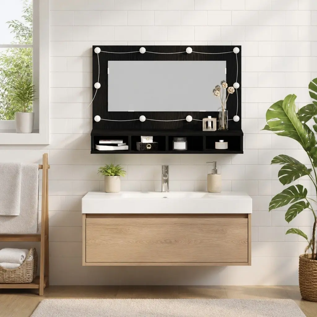Black Oak Wall-Mounted Bathroom Mirror Cabinet 90 x 31.5 x 62 cm
