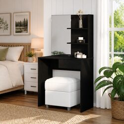 Modern Black Oak Dressing Table with Acrylic Mirror and Drawers