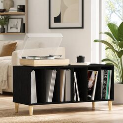Modern Black Oak Record Cabinet with Durable Shelves