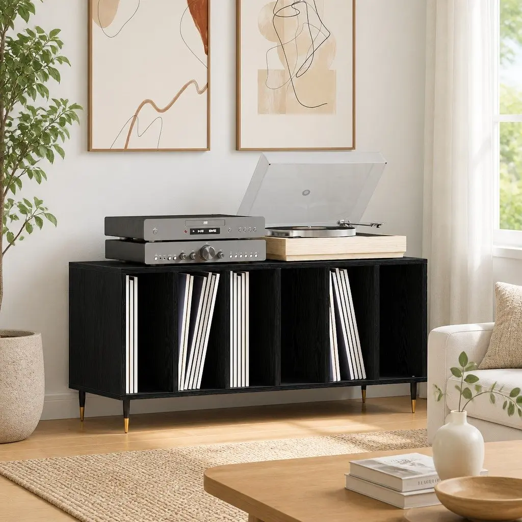 Black Oak Record Cabinet for Vinyl Storage