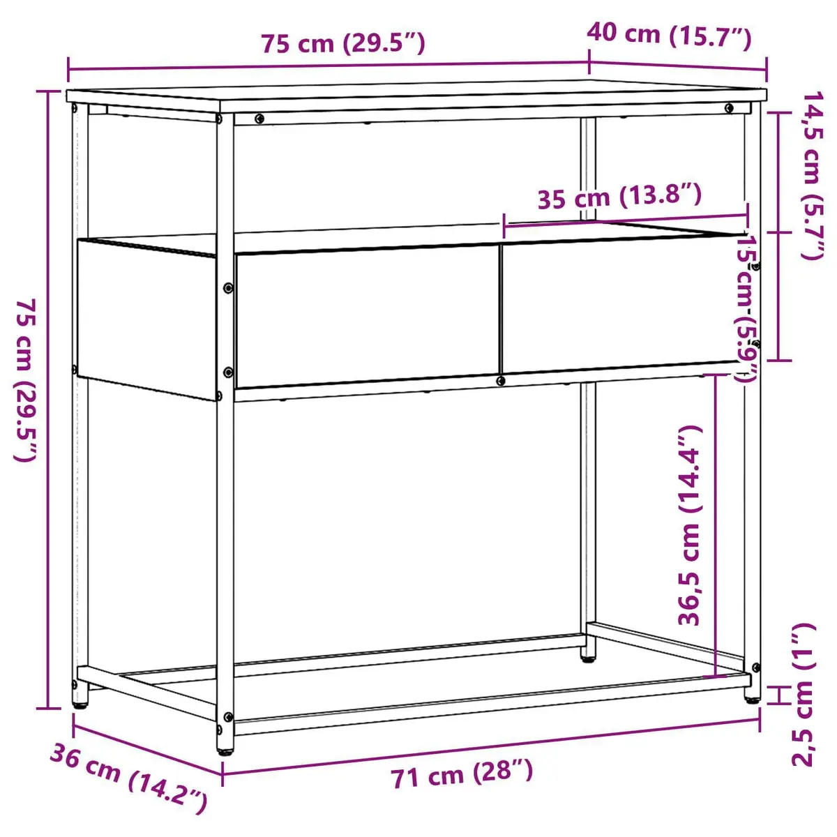 Black Console Table 75x40x75cm for Storage