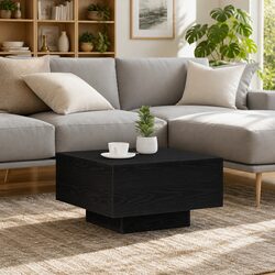 Modern Black Oak Coffee Table with LED Lighting 55x55x31cm